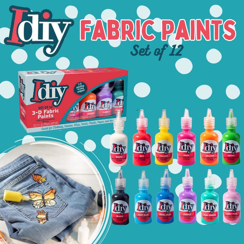 SCS Direct IDIY Fabric Paint Set (12 Classic Colors, 1oz Each) - Permanent Non-Toxic 3D Fabric Paint for Clothes, Canvas, Glass, Wood, & More- Valentineâ€™s Day Crafts, DIY Gifts, Cards, Decorations & Art Projects - Image 2